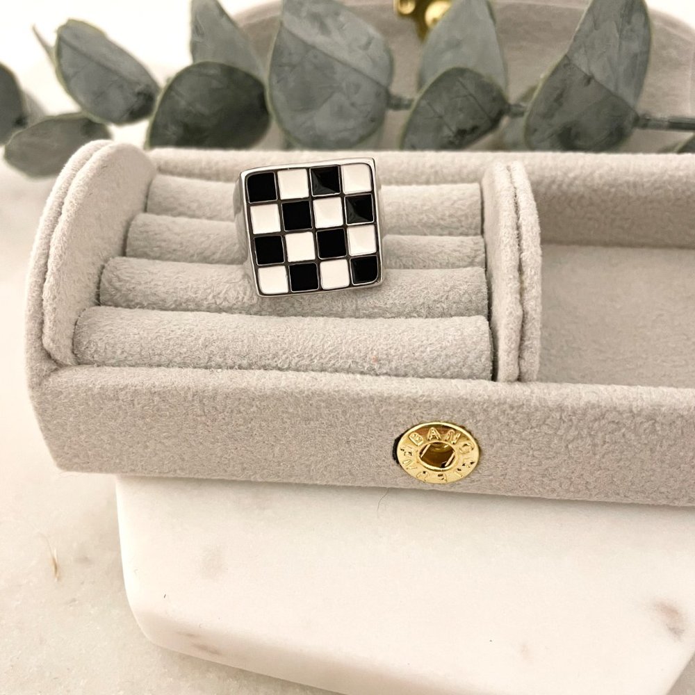 925 Sterling Silver Black & White Checkered Ring Square Ring - Picture 3 of 6